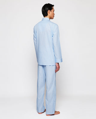 Pijama largo azul cuadros blancos y rosas by MIRTO