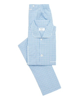 Pijama largo azul cuadros blancos y rosas by MIRTO