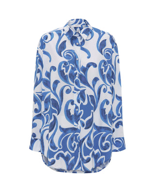 Camisa blanca estampado ornamental azul by MIRTO
