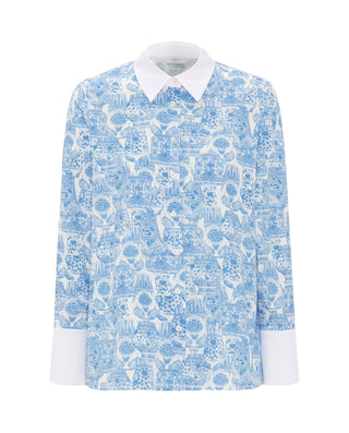 Camisa estampado cerámico azulues blancos by MIRTO