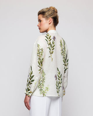 Camisa blanca estampado botánico de lino by MIRTO