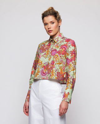 Camisa cropped verde estampado floral by MIRTO