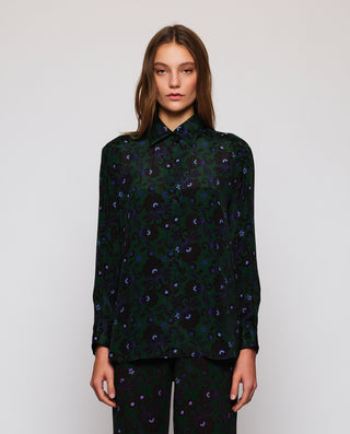 Green ornamental print silk blend blouse