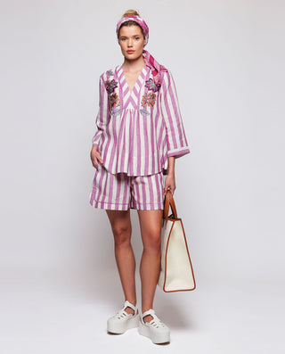 Short de rayas de lino con bordados by MIRTO