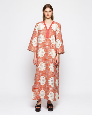 Kaftán jacquard cuadros florales marrón by MIRTO