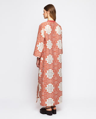 Kaftán jacquard cuadros florales marrón by MIRTO