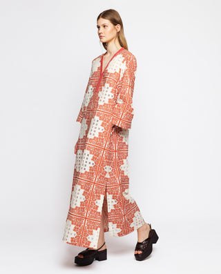 Kaftán jacquard cuadros florales marrón by MIRTO