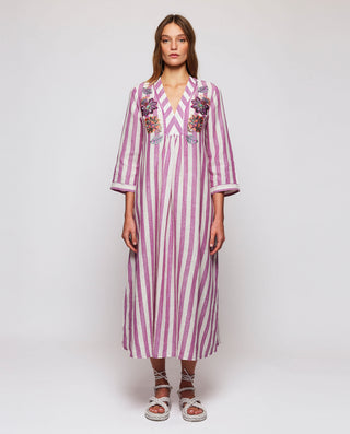 Kaftán largo de lino de rayas con bordados by MIRT