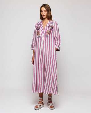 Kaftán largo de lino de rayas con bordados by MIRT