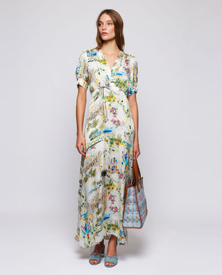 Vestido largo blanco estampado figurativo by MIRTO