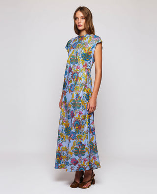 Vestido drapeado azul estampado floral by MIRTO