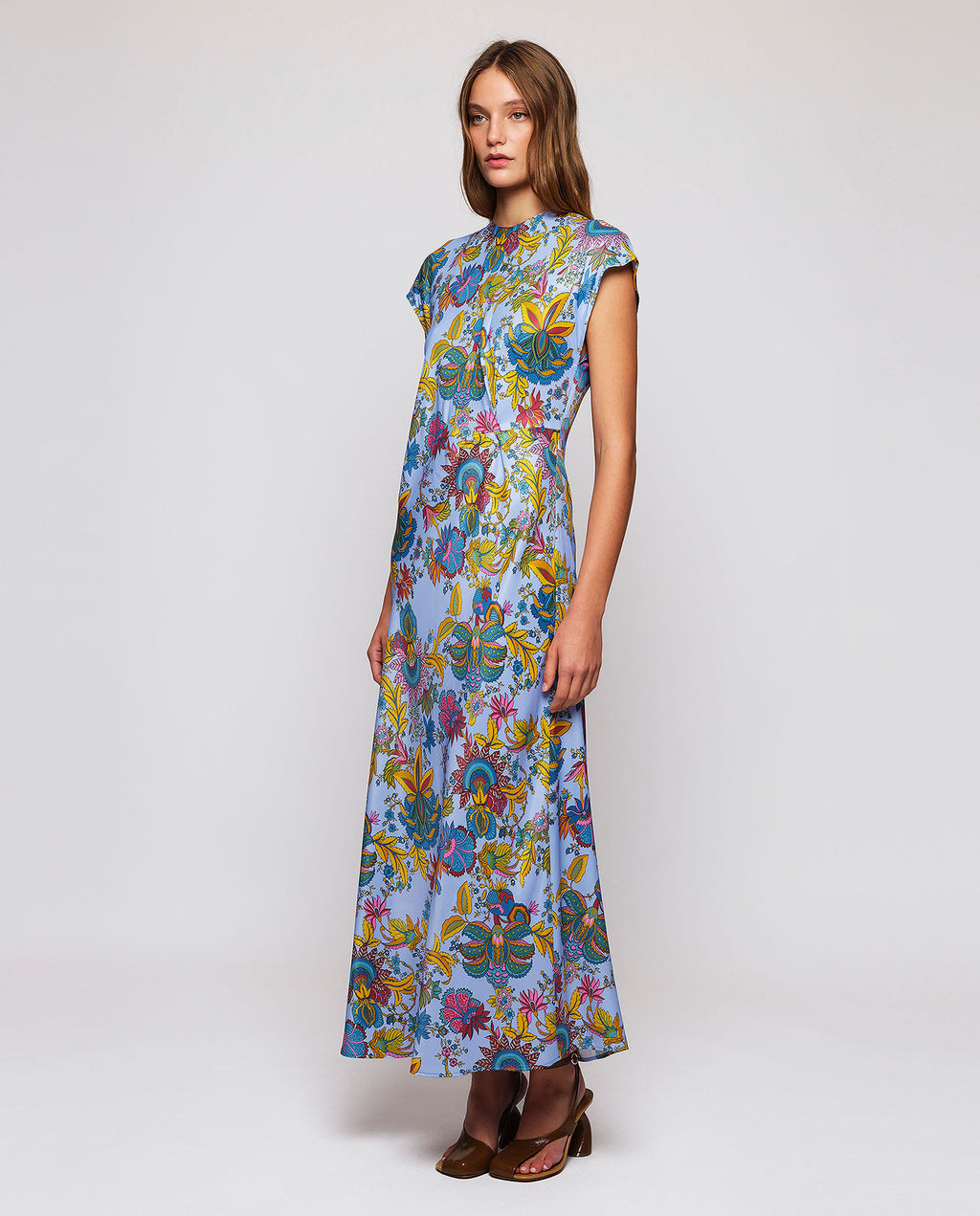 Marciano Floral Print Drape Back Satin Dress Blue/Yellow