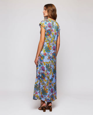 Vestido drapeado azul estampado floral by MIRTO