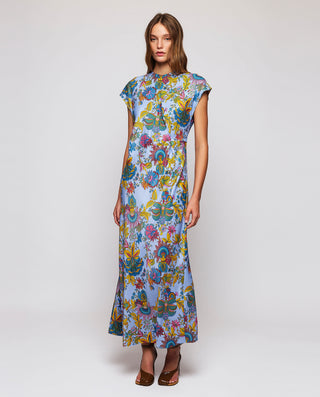 Vestido drapeado azul estampado floral by MIRTO