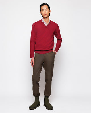 Burgundy lambswool knit V neck jumper