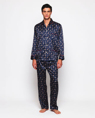 Navy blue paisley print long cotton jacquard