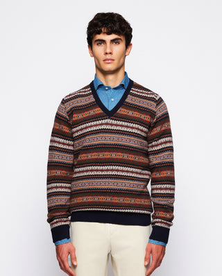 Blue V neck lambswool jacquard jumper