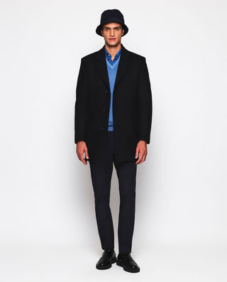 Navy knit jumper in washed merino wool V-neck