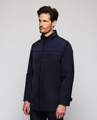 Navy blue long raincoat hidden hood