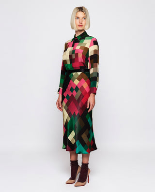 Falda midi estampado cuadros pixel multicolor by M