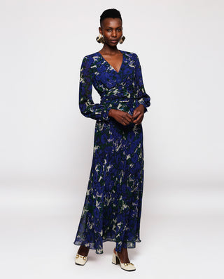 Vestido en gasa estampado floral azul y verde by M