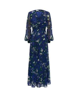 Vestido en gasa estampado floral azul y verde by M