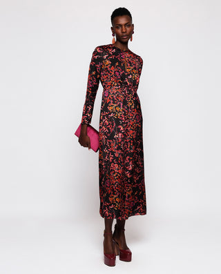 Vestido midi estampado floral rojo y negro