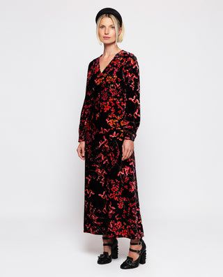 Vestido terciopelo estampado floral rojo by MIRTO