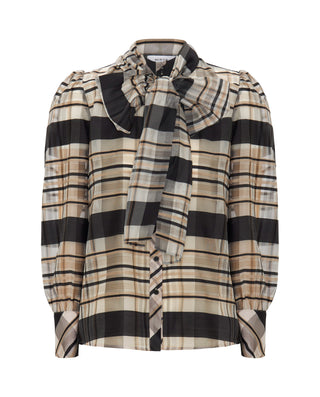 Blusa beige cuadros negros de seda y lana