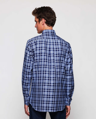 Blue cotton melange plaid casual shirt