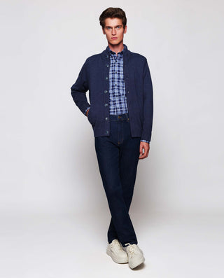 Blue cotton melange plaid casual shirt