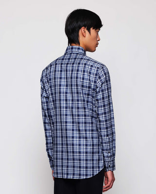 Navy blue cotton melange plaid casual shirt