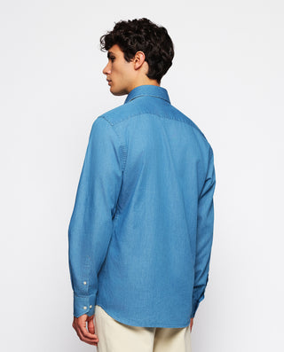 Camisa demim azul claro delantero plisado