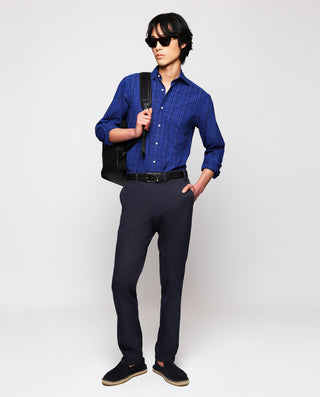 Navy blue cotton plaid casual shirt