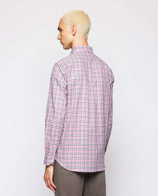 White Oxford cotton casual shirt with pink & green plaid