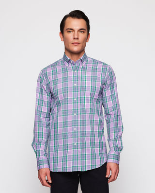 Camisa casual cuadros morados y verdes de by MIRTO