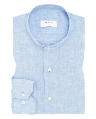 Camisa casual azul de lino cuello mao by MIRTO