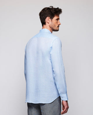 Blue casual shirt linen neckband collar
