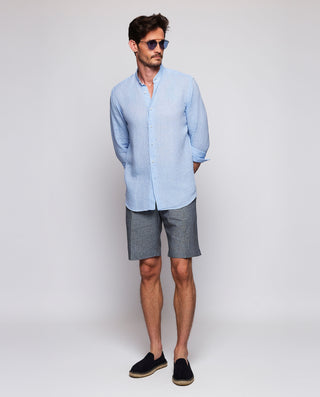Blue casual shirt linen neckband collar