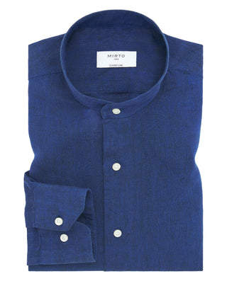 Camisa casual azul marino de lino cuello mao by MI