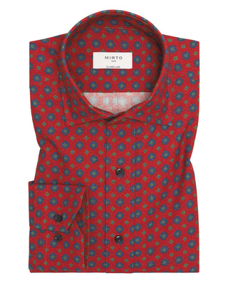 Camisa casual roja estampado floral azul y verde de franela