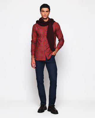 Camisa casual roja estampado floral azul y verde de franela