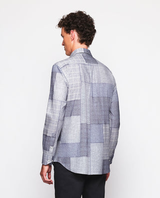 Camisa casual patchwork azul y gris de franela