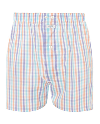 Blue and orange checked fabric boxer shorts