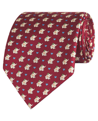 Corbata twill granate estampado elefantes en seda natural