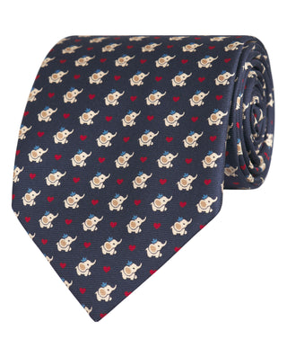 Corbata twill azul marino estampado elefantes en seda natural
