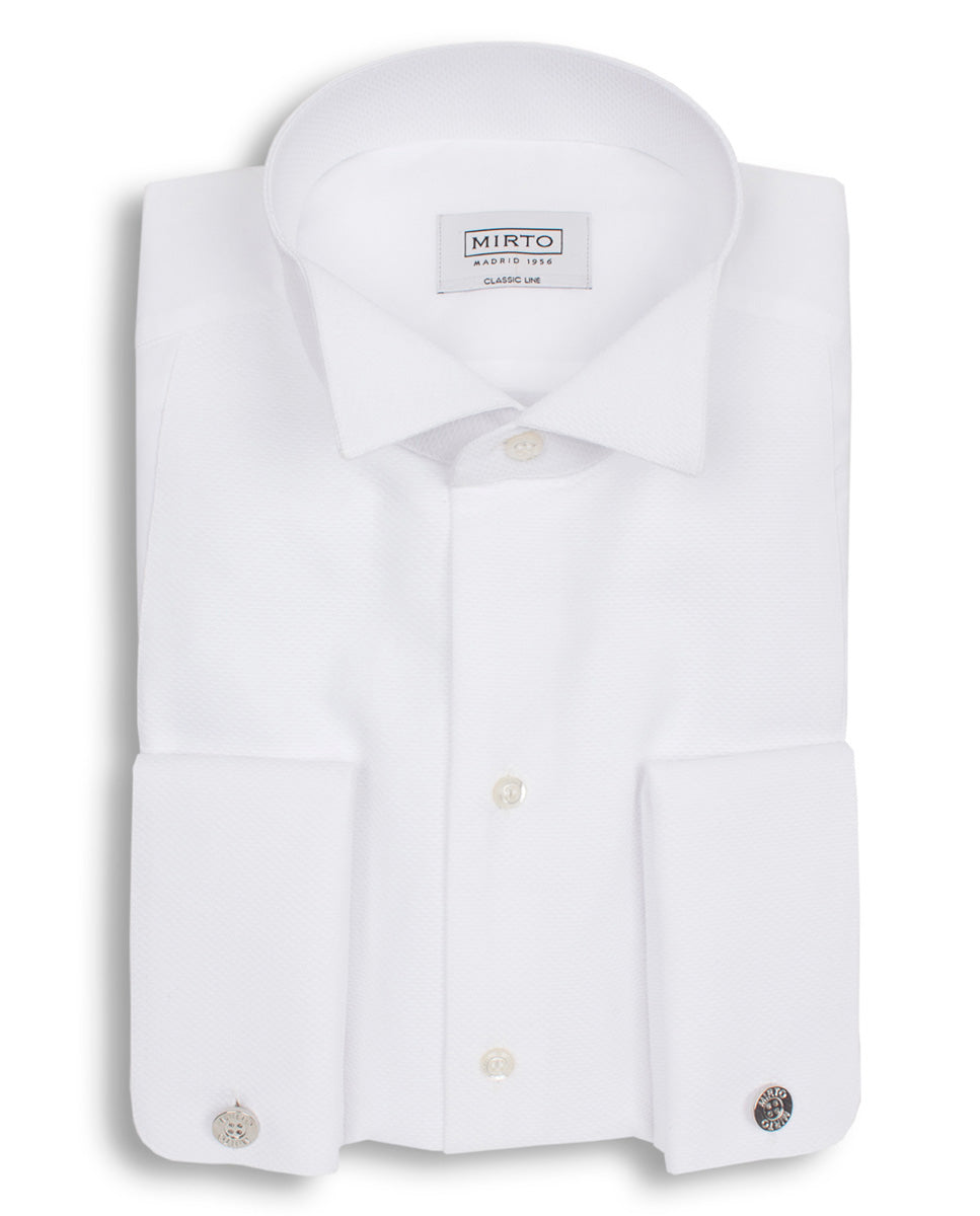 Men's White Wing Tip Collared Pique Front Dress Tuxedo Shirt