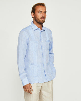 Guayabera manga larga azul de lino