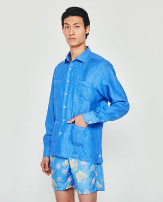 Guayabera manga larga azul royal de lino