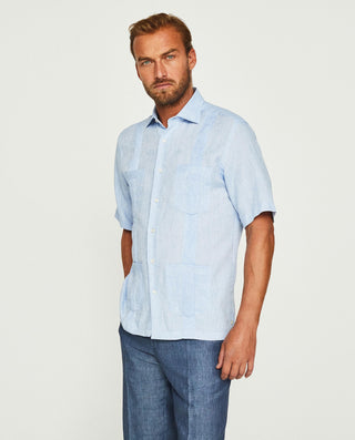 Guayabera manga corta azul de lino